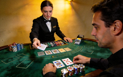 真人黑杰克21点游戏桌面，荷官与玩家对决